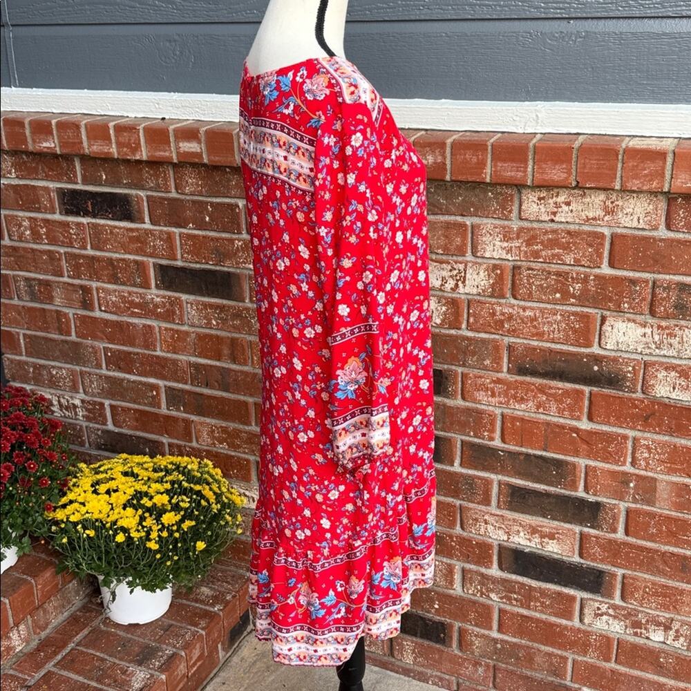 Umgee Women's Large Red Blue Floral Mini Dress Boho Bell Sleeve Oversized Tunic - Picture 5 of 8